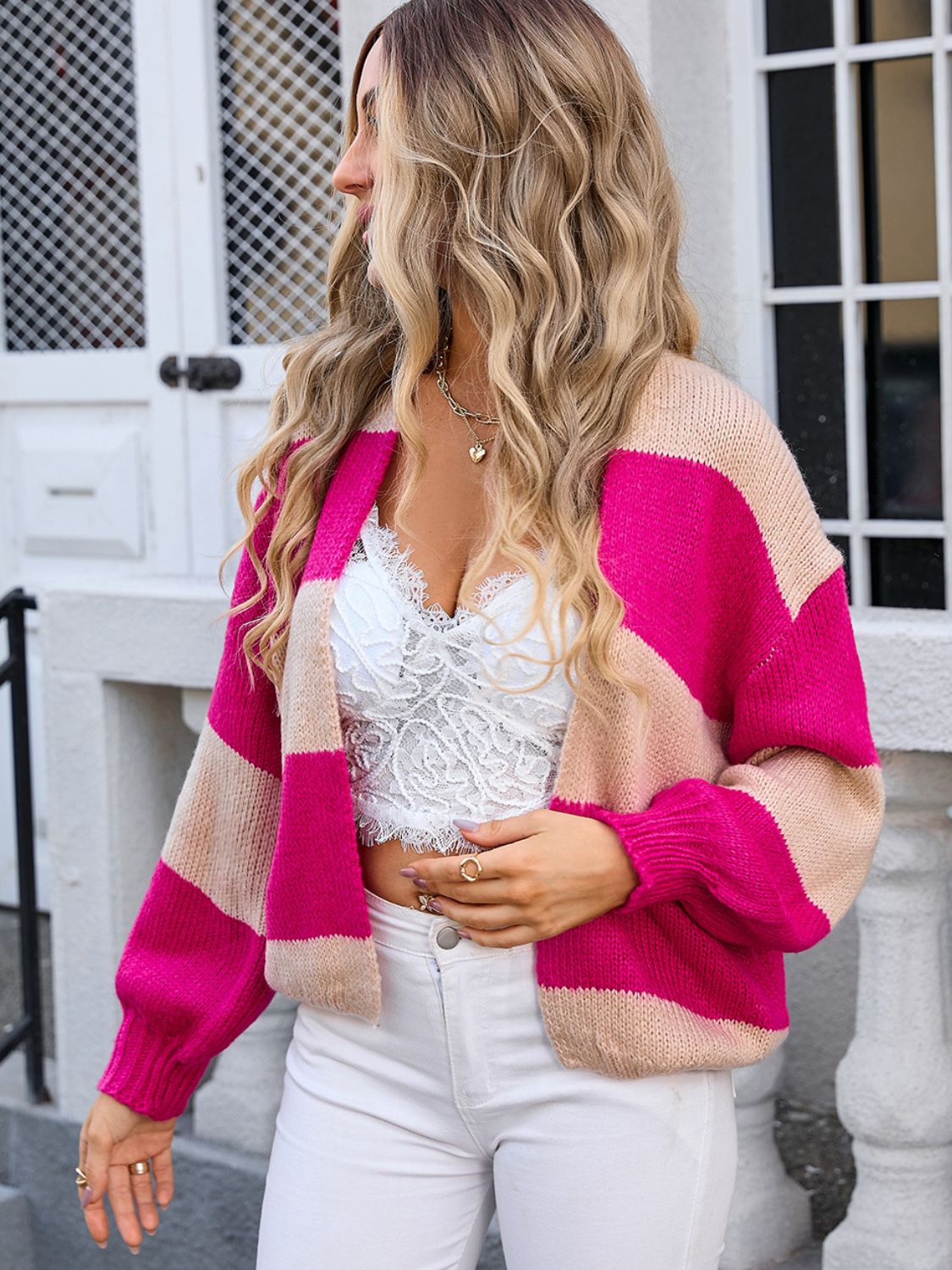 Glownestbest® | Striped Open Front Dropped Shoulder Cardigan Deep Rose 602fbe30-e26e-4db4-8db8-3afe94b514b5-Max Glownestbest