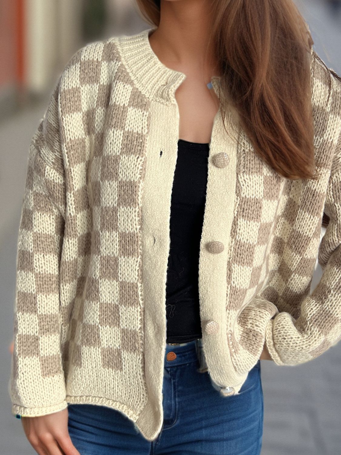 Checkered Button Up Round Neck Cardigan 60449d58-0411-4363-a483-557329f0453d-Max Glownestbest