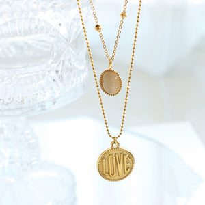 18K Gold Classic Simple LOVE Round Plate with Opal Double Layer Necklace 60a1b72a-fc33-4f89-b94a-341f3a6f38e8 Artshiney