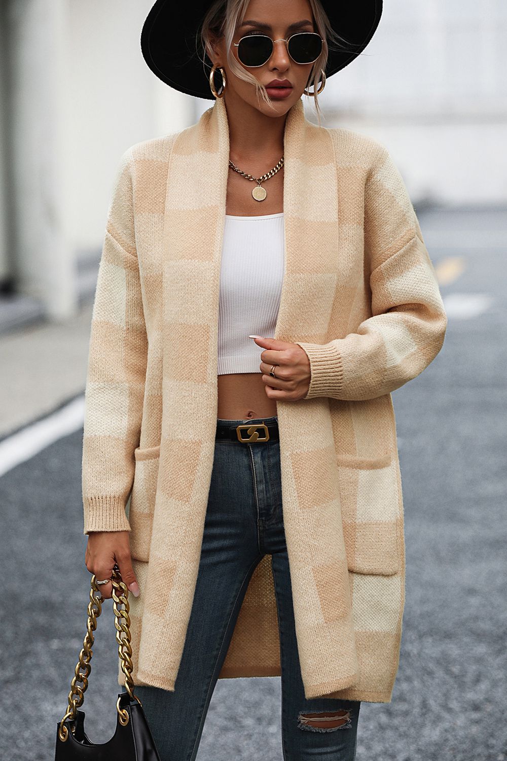 Glownestbest® | Plaid Dropped Shoulder Cardigan with Pocket Tan 60a99f30625448549145f93f430f684c-Max Glownestbest
