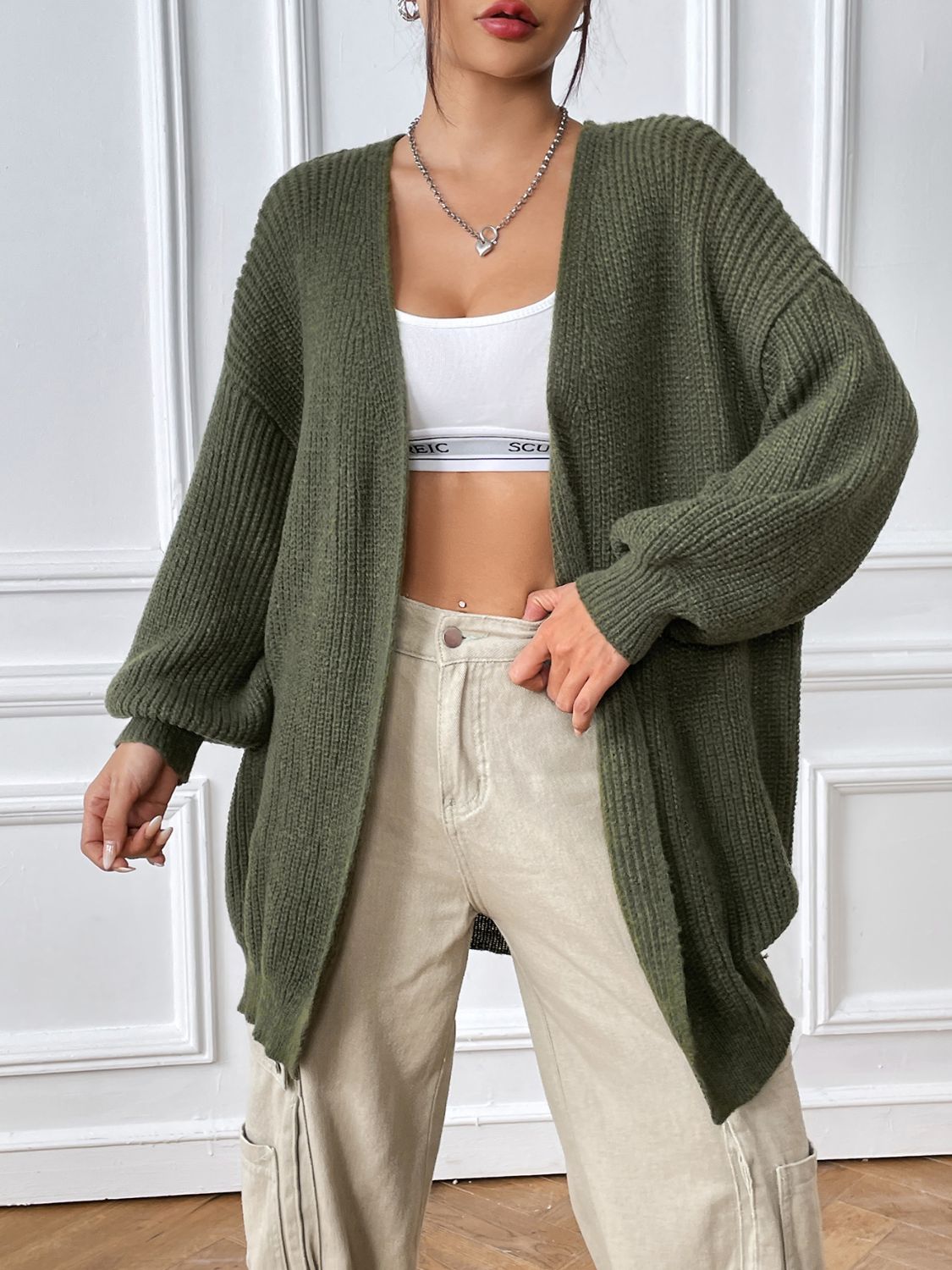 Open Front Long Sleeve Cardigan Army Green 60c4ead4-795b-40e3-8d71-d538e9e1f453-Max Glownestbest