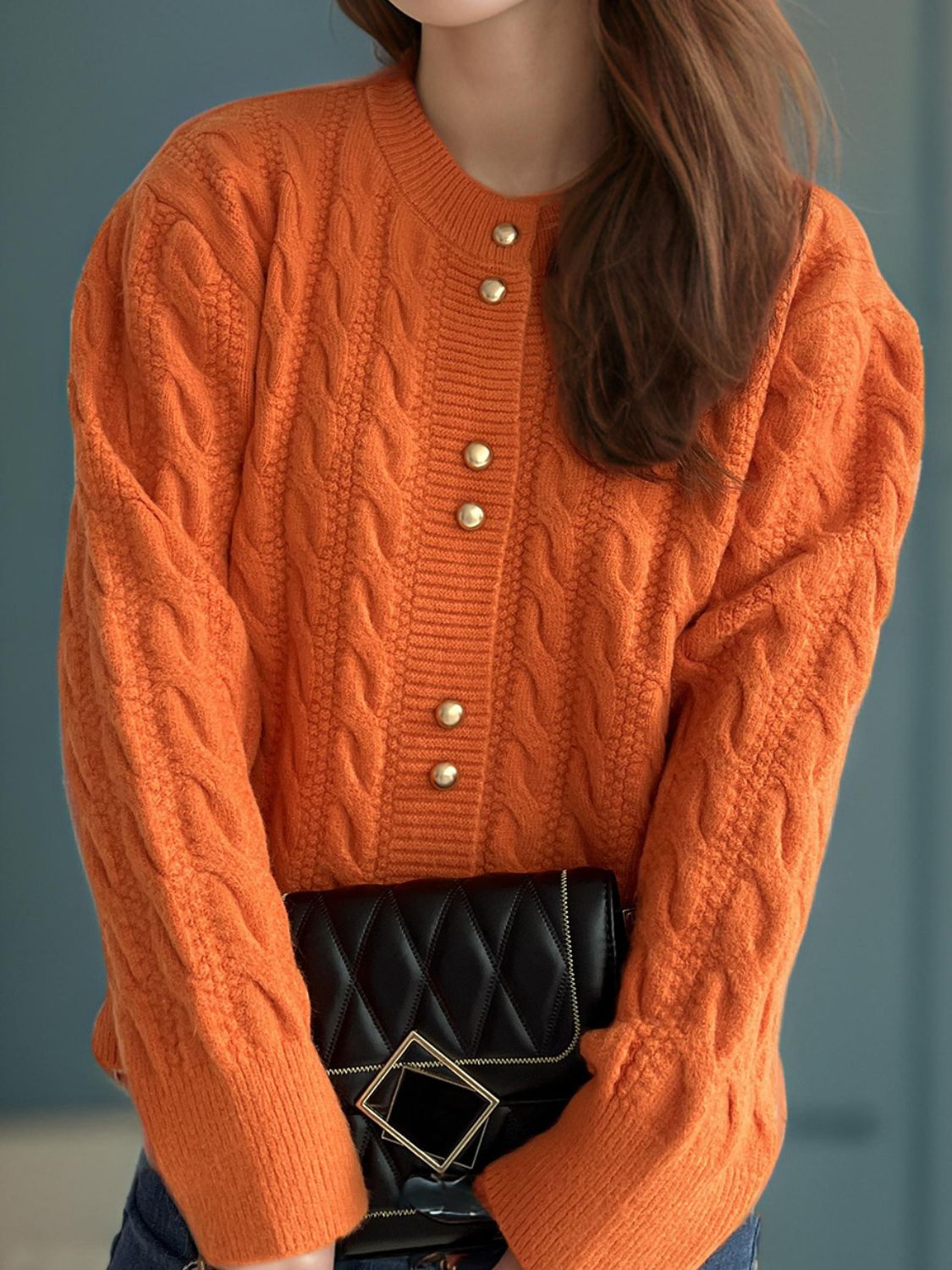Cable-Knit Round Neck Long Sleeve Cardigan 618ee021-c86a-4958-ac32-a791b66a1a17-Max Glownestbest