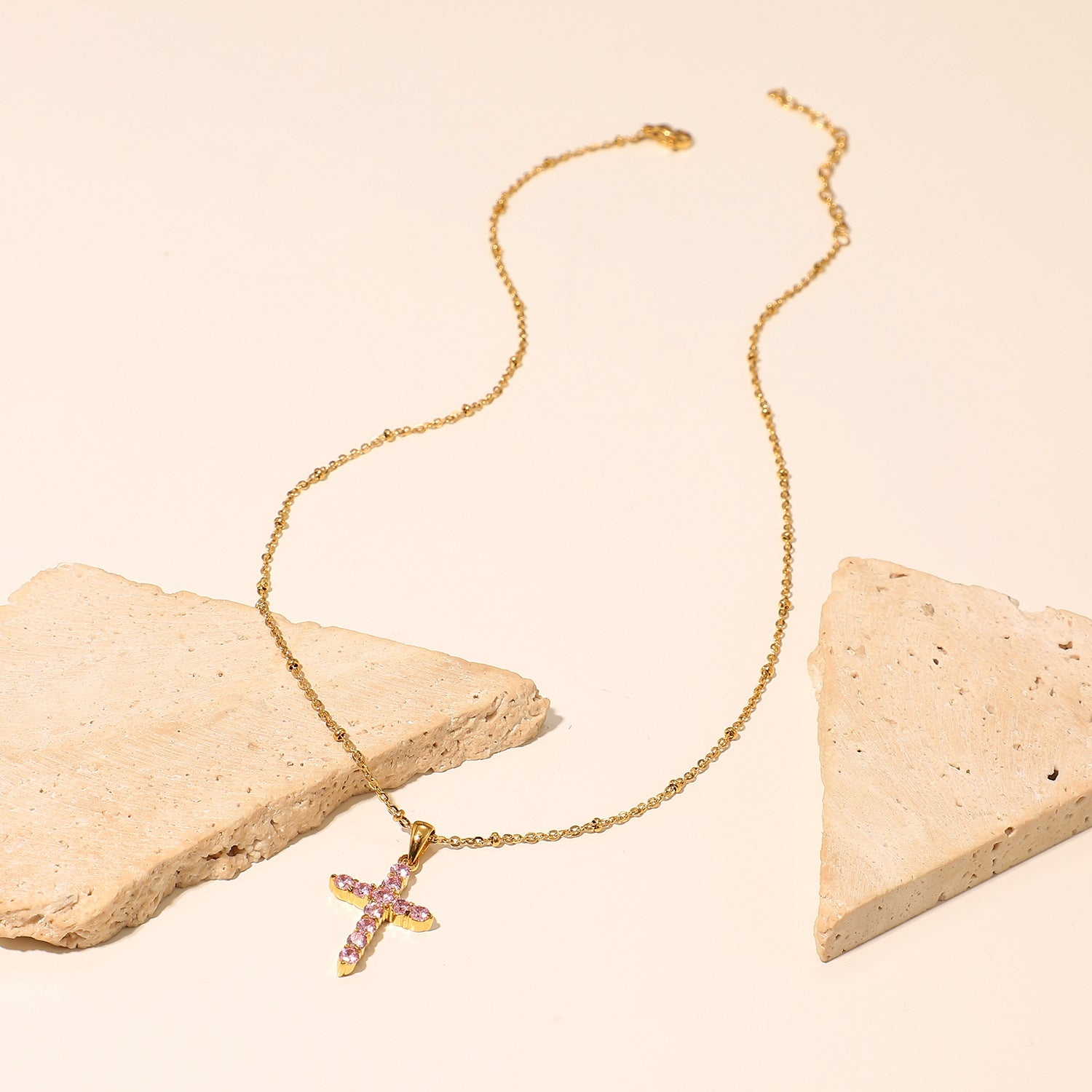 18K Gold Plated Pink Zircon Cross Pendant Necklace 6213b2b0-ce9d-421c-ade4-ce0f500620b1 Glownestbest