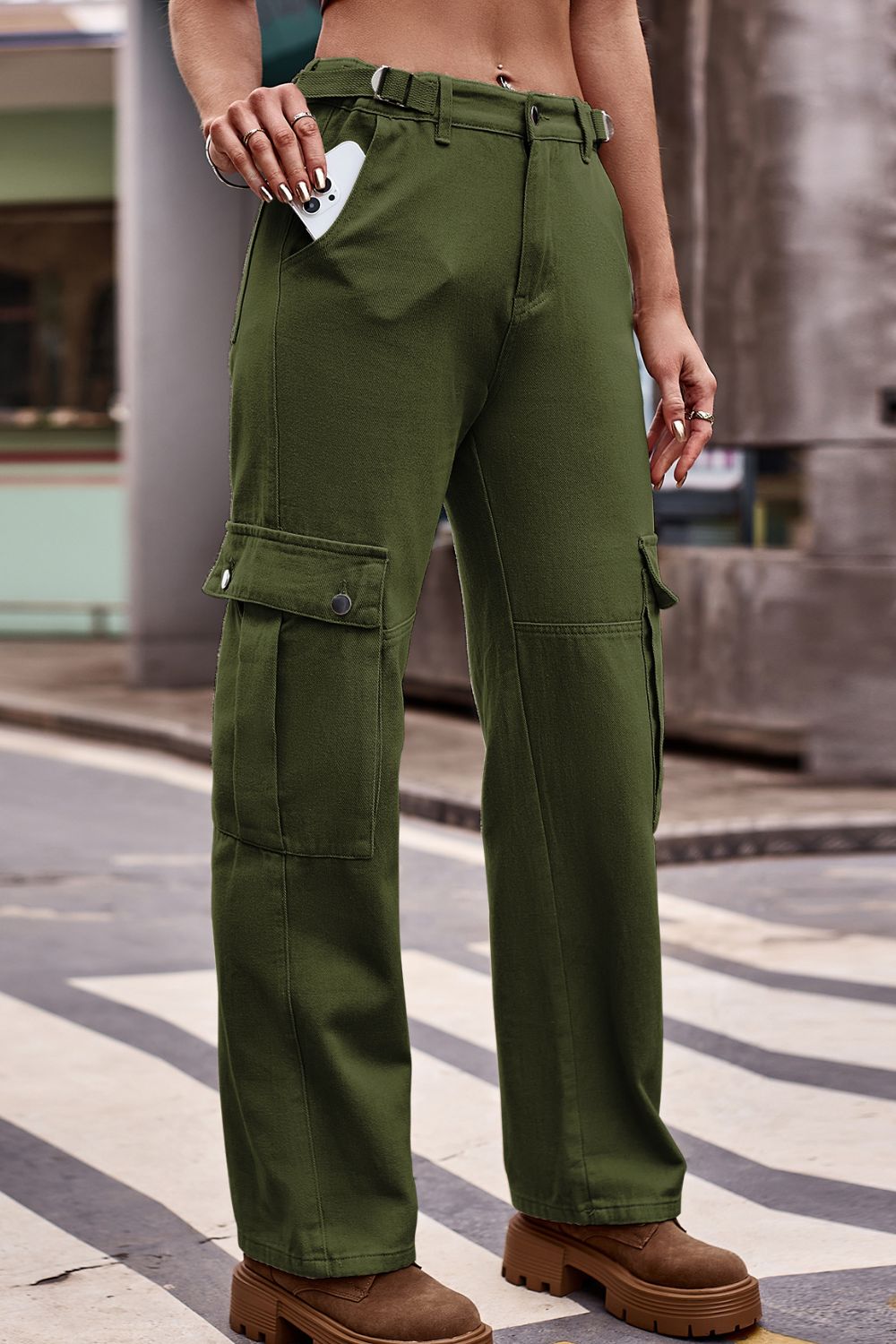 Buttoned Loose Fit Jeans with Pockets Army Green 622cb3781cff4124b56239dfbdc43d6a-Max Trendsi