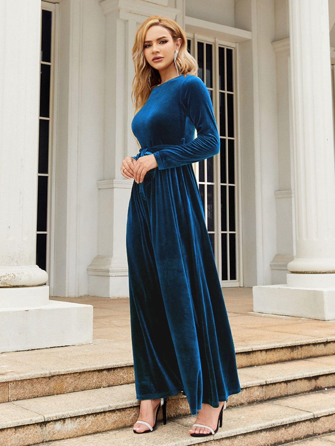Tie Front Round Neck Long Sleeve Maxi Dress Indigo 626a5cc44c494031b02319d249f9d4a3-Max Glownestbest