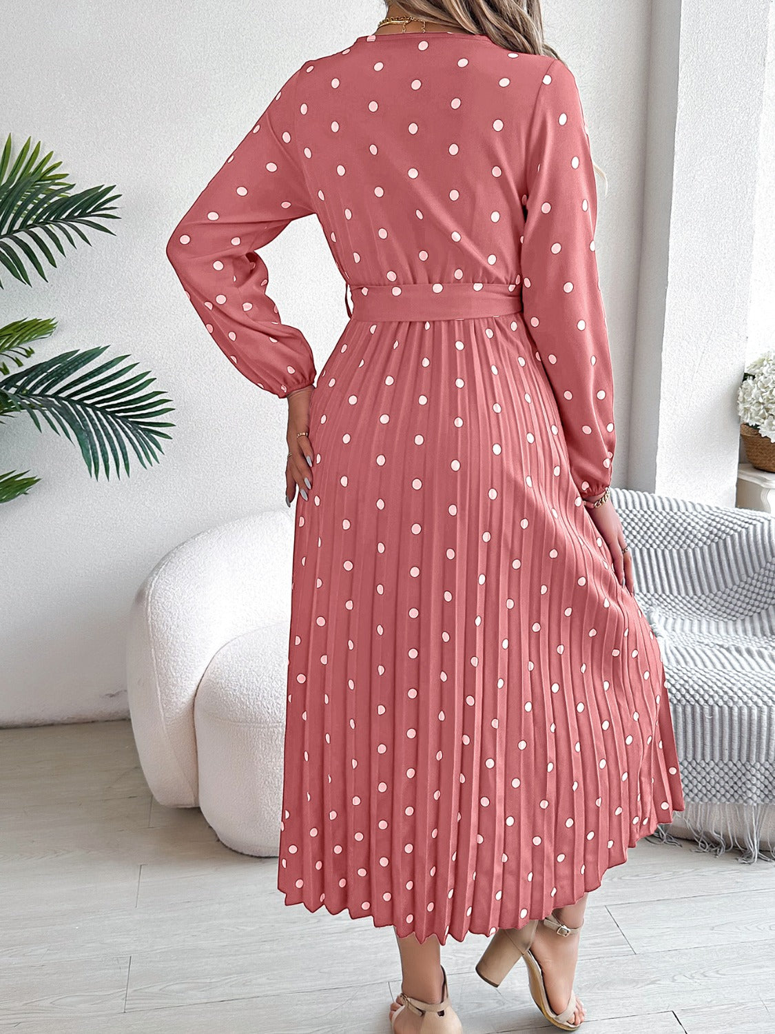 Tied Polka Dot Long Sleeve Midi Dress 629a9666-6afe-4ad9-ba06-20a58ac67703-Max Glownestbest