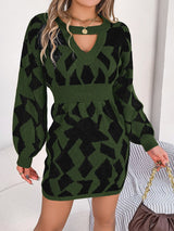 Contrast Round Neck Cutout Long Sleeve Mini Sweater Dress Army Green 62a353ccc4674d478695e0ff5acc0e0d-Max Glownestbest