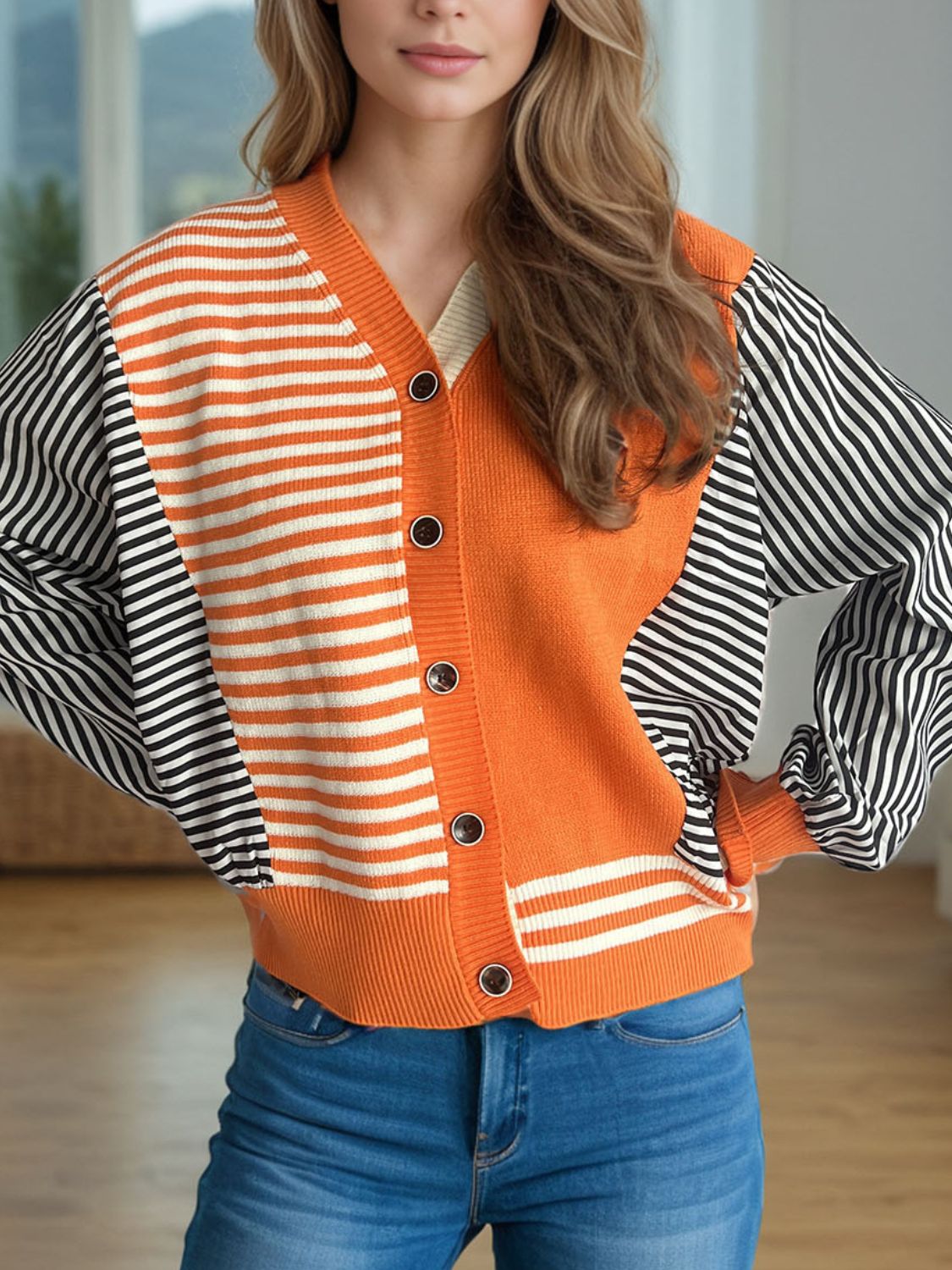 Striped Button Down Long Sleeve Cardigan Orange One Size 62c32226-d35e-435b-afd6-bff740e3c0f6-Max Glownestbest