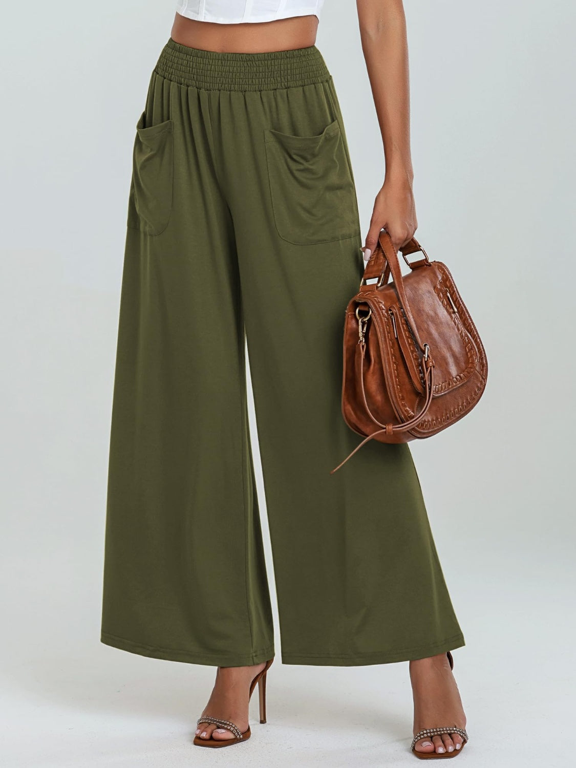 Pocketed Elastic Waist Wide Leg Pants Moss 62c7a1dc-639f-458a-aabf-a76f5c848eea-Max Trendsi