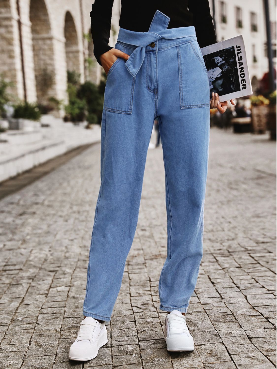 Tied Straight Jeans with Pockets Light 62dc933e-47e1-4303-a859-d7db74efc741-Max Trendsi