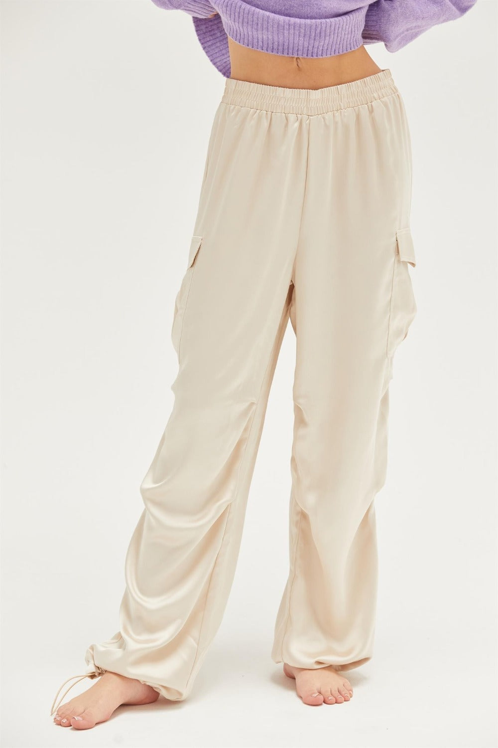 HYFVE Approach Satin Drawstring Hem Cargo Pants Alpaca 62dfa32d-9bdf-4571-9c36-ebbd22c7c21a-Max Trendsi