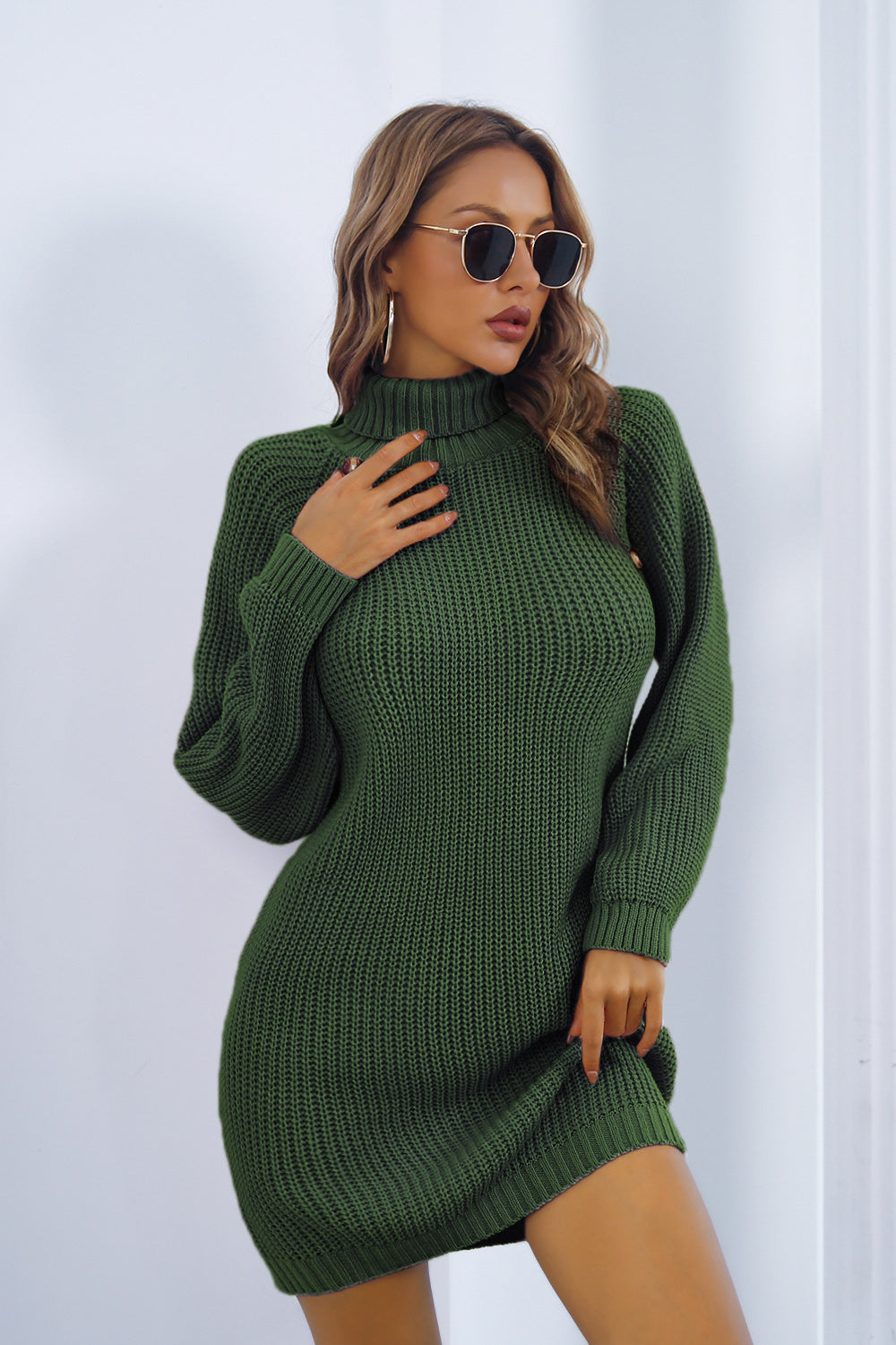 Buttoned Turtleneck Long Sleeve Sweater Dress Green 645384938e02468a95e4a697b3369021-Max Glownestbest