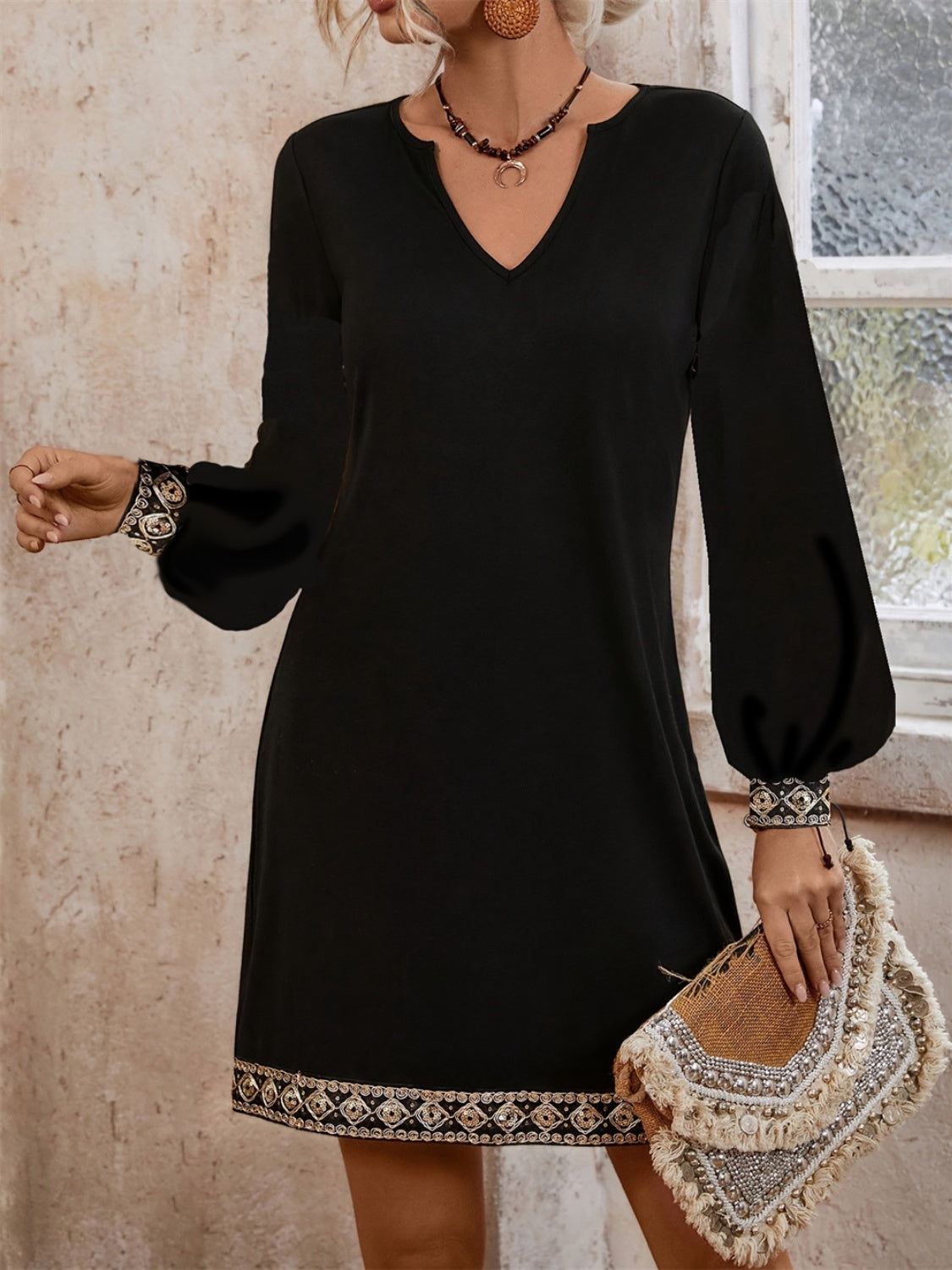 Embroidered Notched Long Sleeve Mini Dress 6467dfd2-1a57-4b83-bce6-16091035b1b9-Max Trendsi