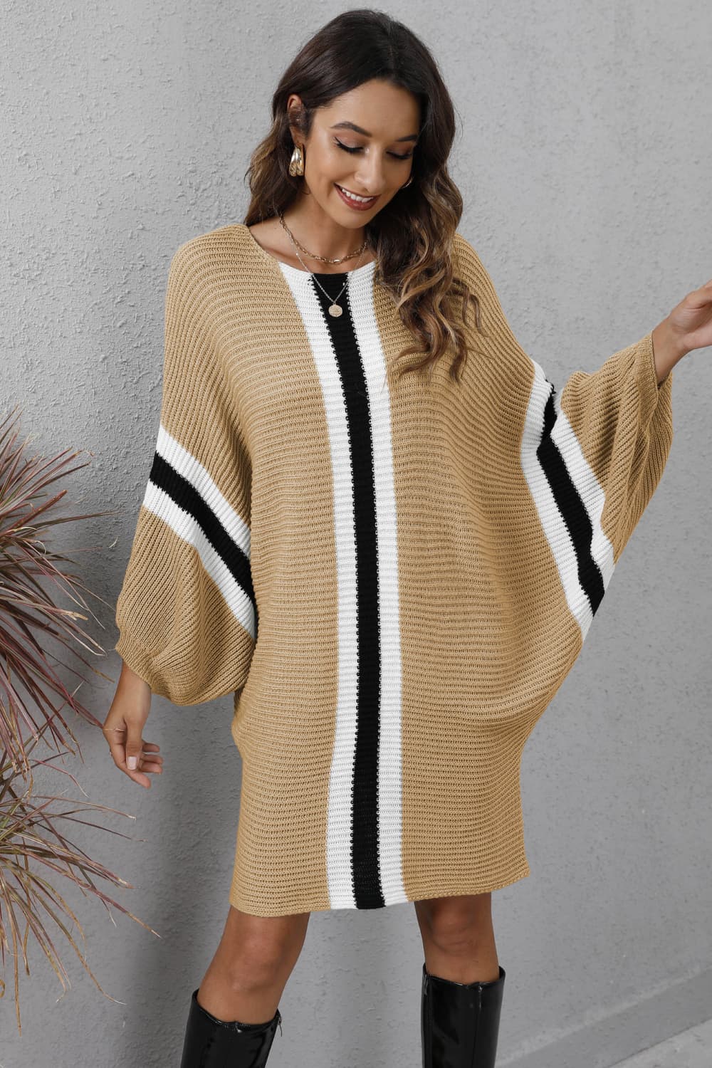 Ribbed Round Neck Long Sleeve Sweater Dress 647557f2ab6c4d5091d793bc4553eb7f-Max Glownestbest