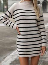 Striped Mock Neck Long Sleeve Mini Dress White 64ada32e-0c58-4bf6-8a7f-a3d00d4fdd9d-Max Glownestbest