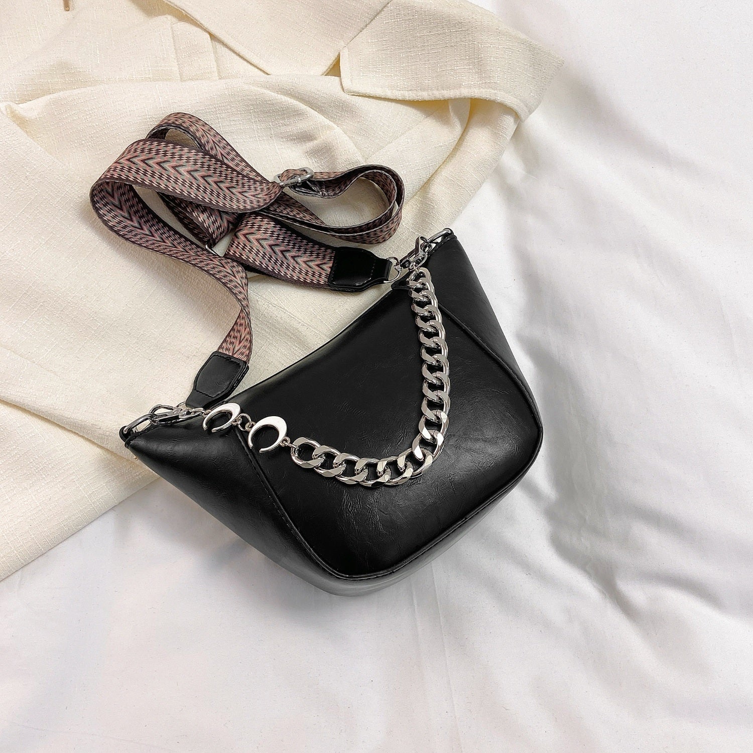 PU Leather Chain Trim Crossbody Bag Black One Size 651ca54d-a721-41e6-a701-c7a300e026f0-Max Trendsi