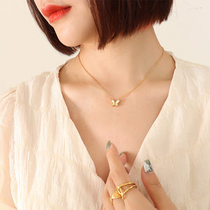 18k Gold Simple Butterfly White Seashell Design Necklace Earrings Set 658fed8a-99bf-4b87-a377-c3bb2bf6660c Artshiney