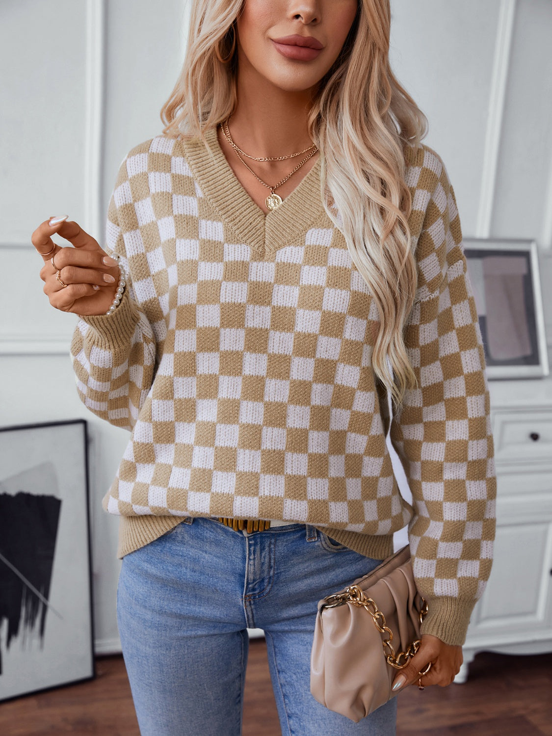 Glownestbest ® | Checkered V-Neck Dropped Shoulder Sweater Camel 66079853-0db2-4ae8-b52a-4927f2a4937c-Max Glownestbest