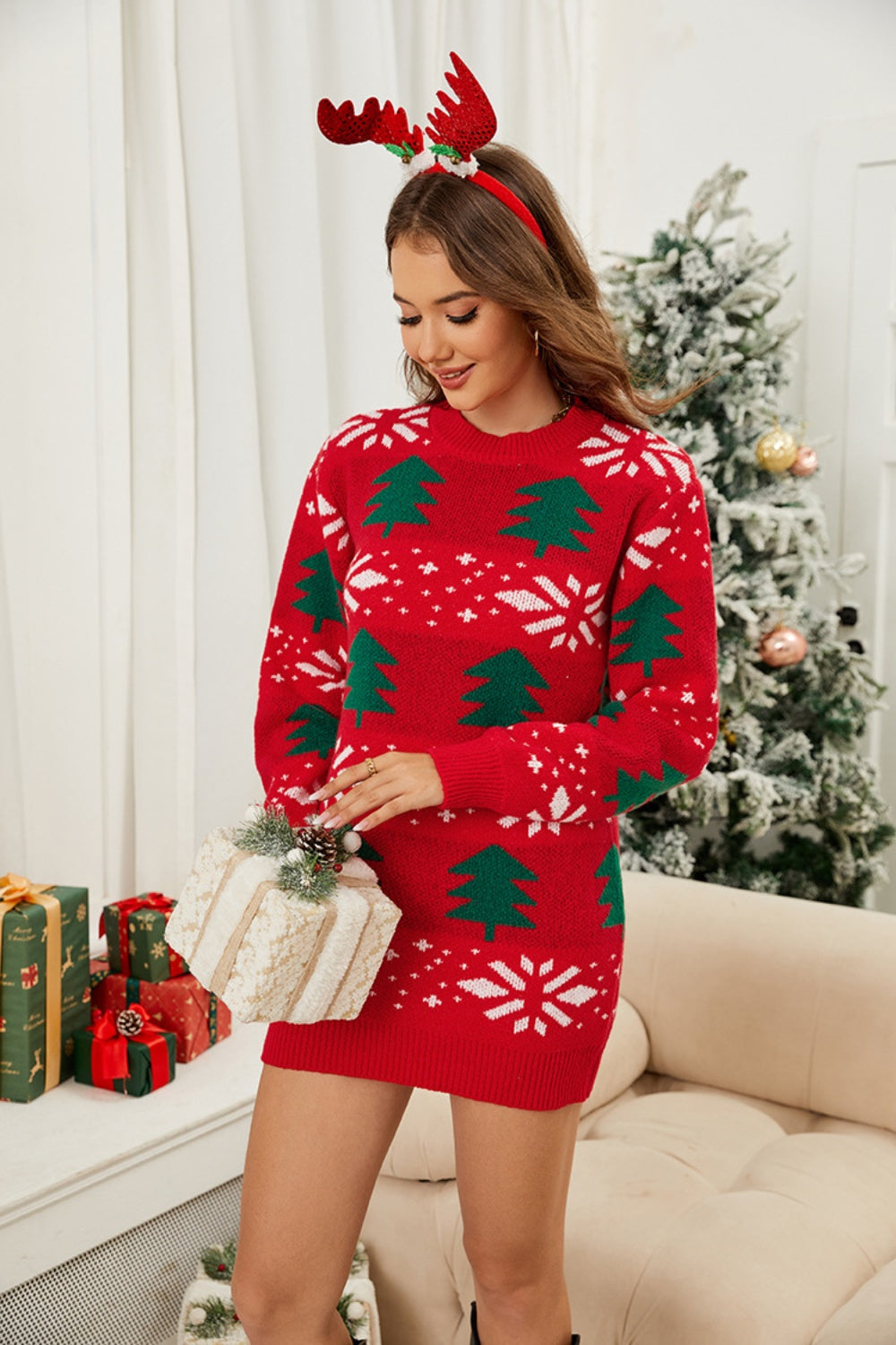 Christmas Tree Round Neck Sweater Dress 66302e4b-400b-4c11-bc47-a52531b4a6de-Max Glownestbest