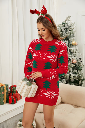 Christmas Tree Round Neck Sweater Dress 66302e4b-400b-4c11-bc47-a52531b4a6de-Max Glownestbest