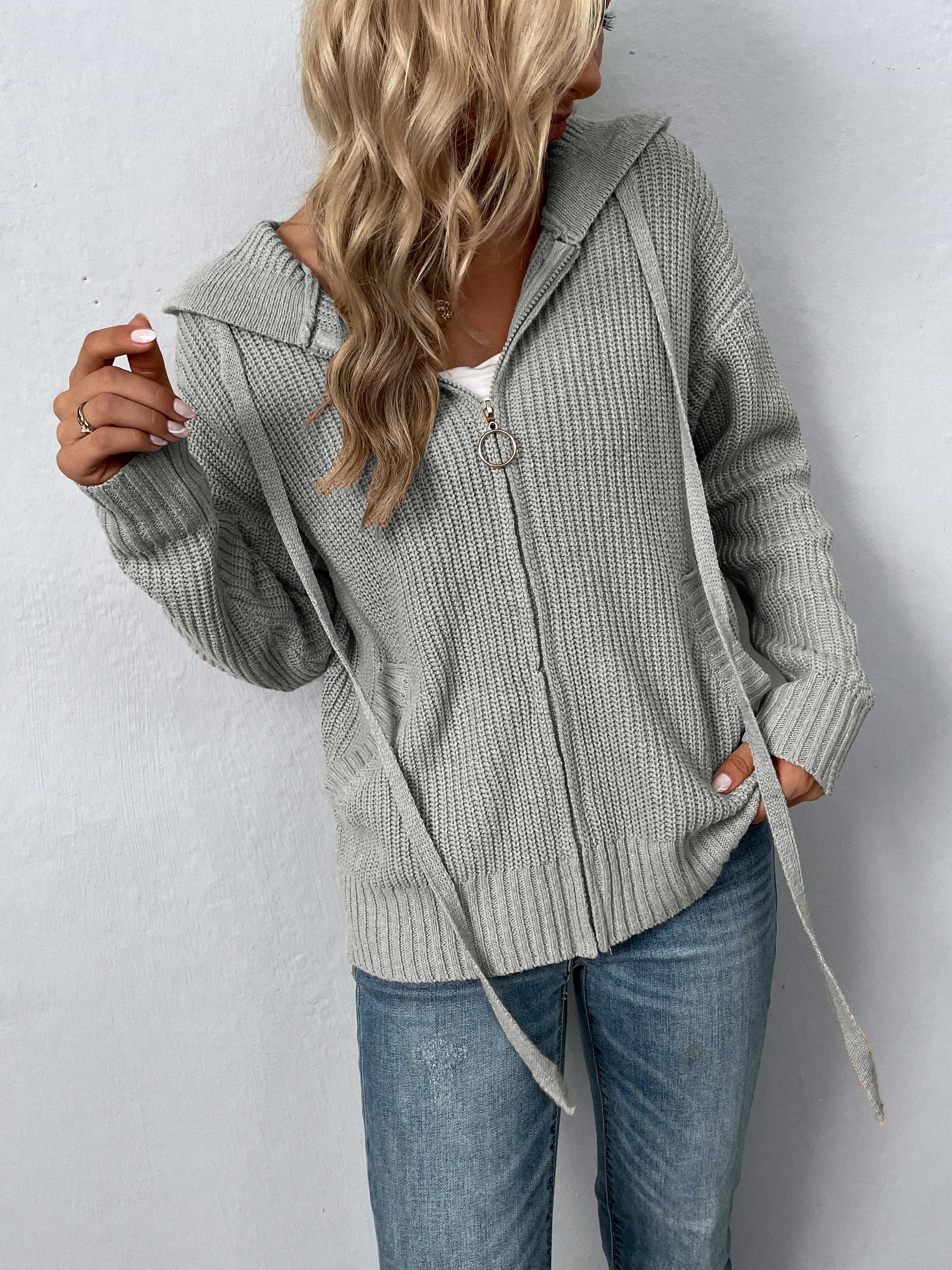 Zip-Up Drawstring Detail Hooded Cardigan 66b5b31205664ec383647da021f83b24-Max Glownestbest