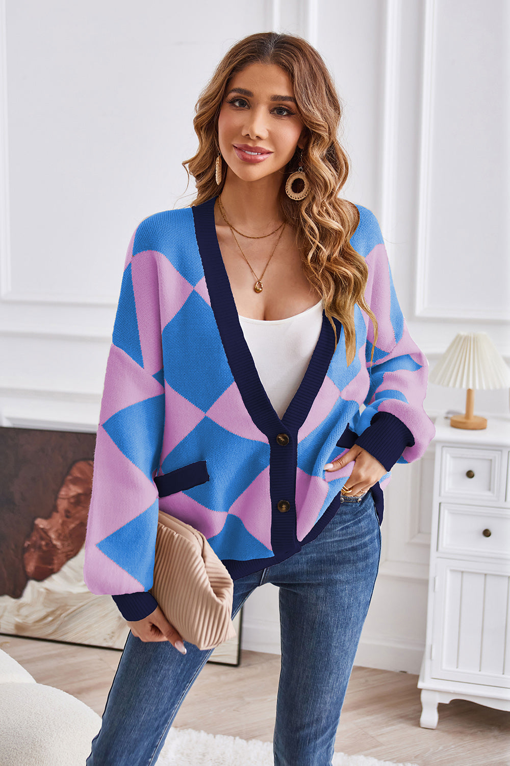Geometric Lantern Sleeve Cardigan with Pockets 6707048a7f1e496b93b9454abf7dbe65-Max Glownestbest