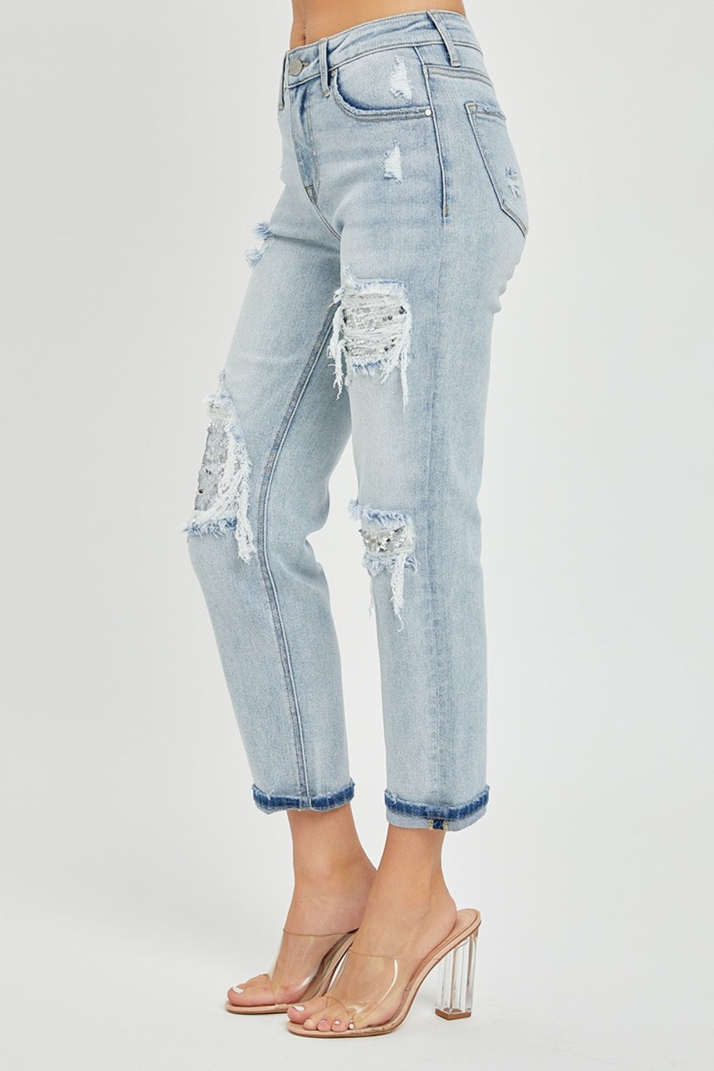 RISEN Mid-Rise Sequin Patched Jeans 678dba35-284d-40e2-8165-f11bbb58f32b-Max Trendsi