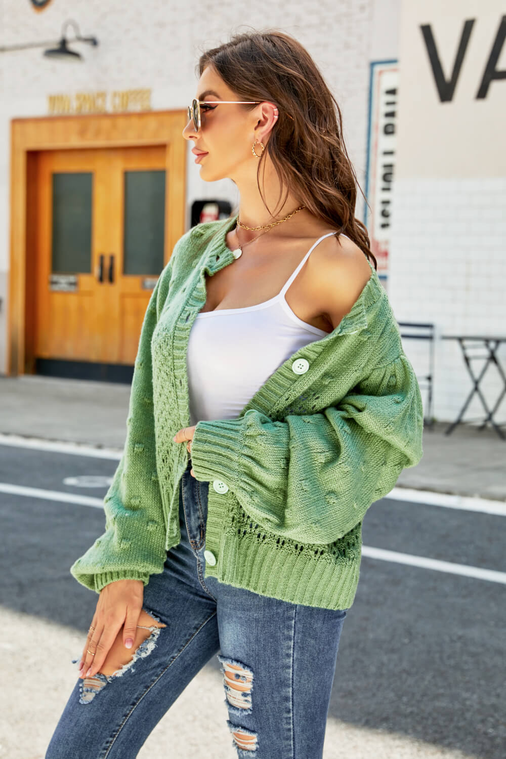 Woven Right Openwork Pompom Puff Sleeve Cardigan 67e8c9e49714410fb60f8efb333b76ae-Max Glownestbest