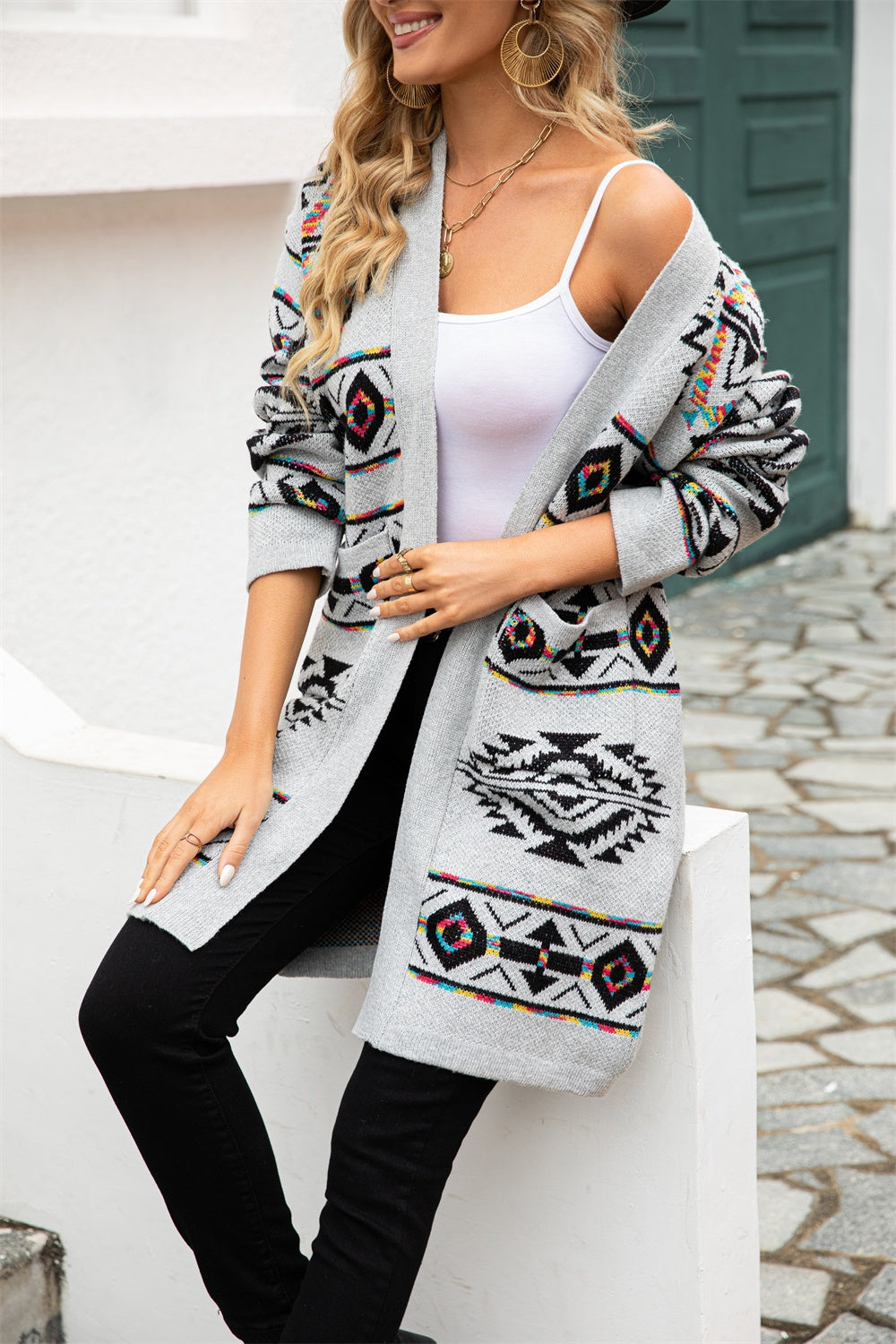 Angel Wings Pocketed Geometric Open Front Dropped Shoulder Cardigan 680b6744-0ce3-4693-8226-0530bcd05af7-Max Glownestbest