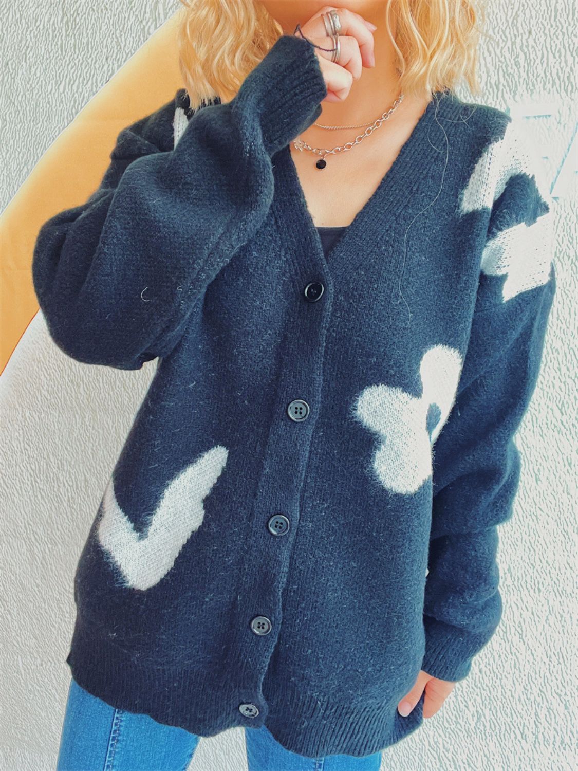 Flower Button Down V-Neck Long Sleeve Cardigan 686bdb18-80c4-4c14-884a-dfec12d4905a-Max Glownestbest