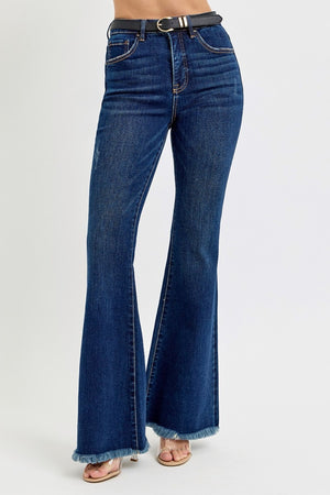 RISEN Tummy Control Frayed Hem Flare Jeans 68735c56-78eb-4a0c-943d-e0a197ff8ad8-Max Trendsi