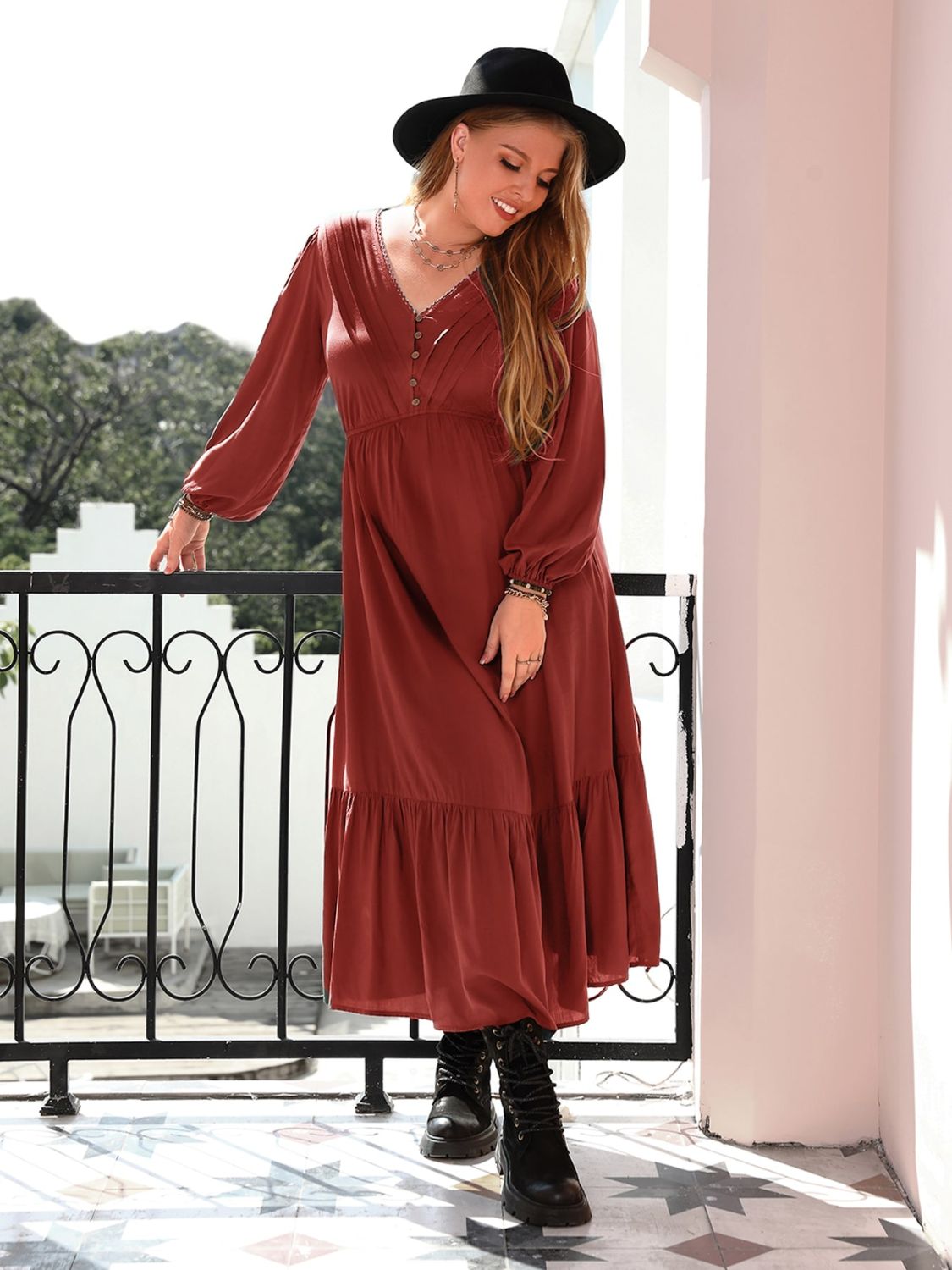 Plus Size Quarter Button V-Neck Long Sleeve Dress 68942039-86d7-47ac-81de-26b43648df24-Max Glownestbest