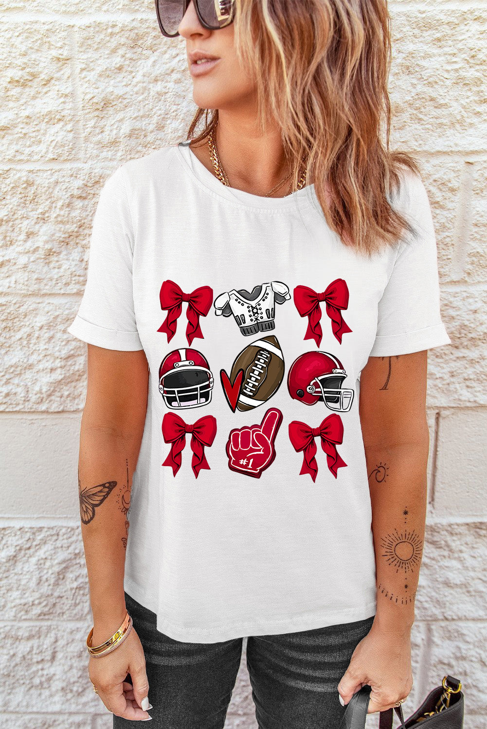 Glownestbest ® | White Rugby Cheer Helmet Bow Graphic Tee 68e808ea834ff7c9 Glownestbest