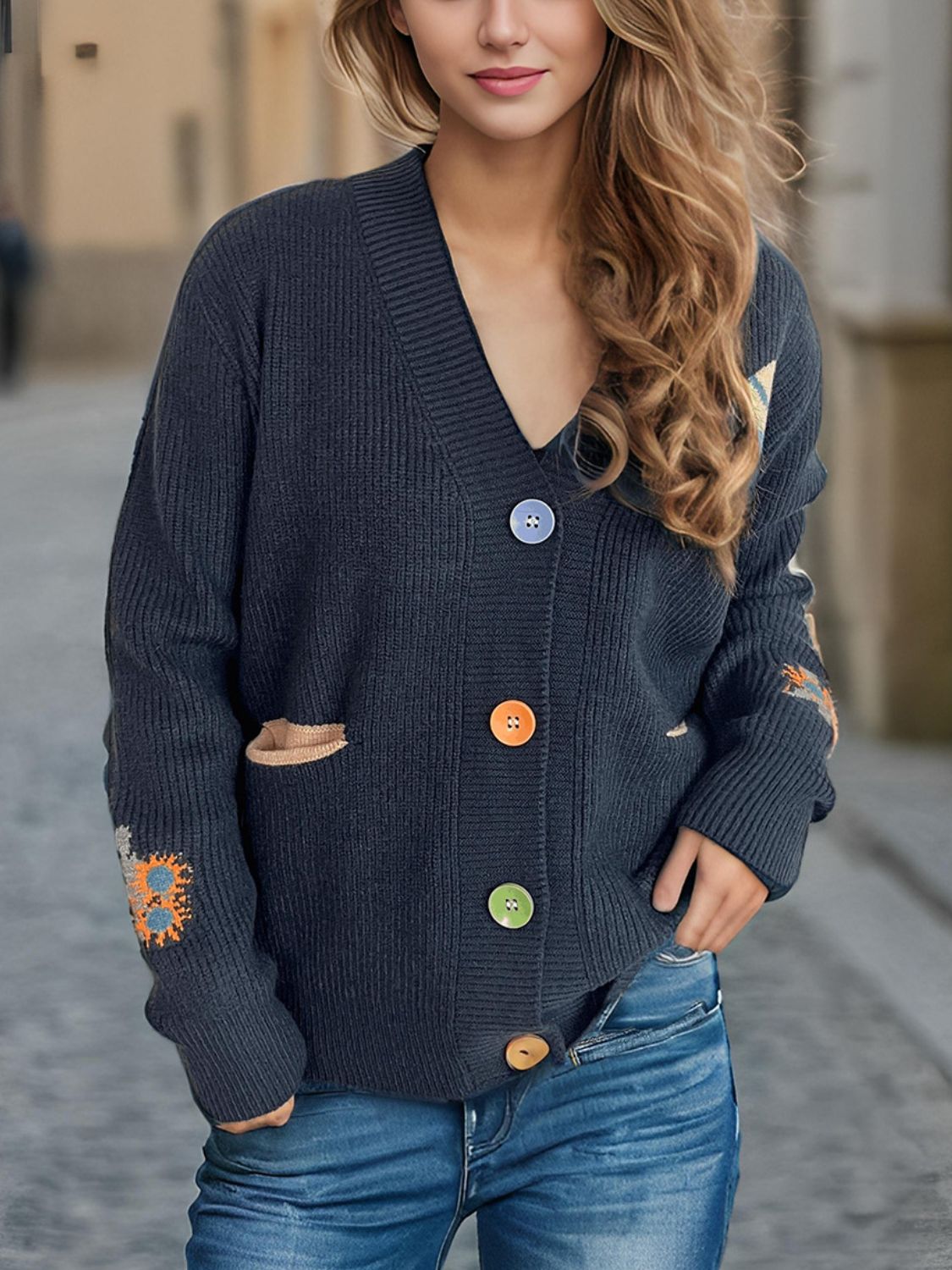 Contrast Button V-Neck Long Sleeve Cardigan Dark Blue One Size 68f866cb-c3a4-4a29-834f-8c85e29d6e03-Max Glownestbest