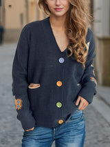 Contrast Button V-Neck Long Sleeve Cardigan Dark Blue One Size 68f866cb-c3a4-4a29-834f-8c85e29d6e03-Max Glownestbest