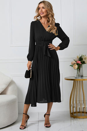V-Neck Long Sleeve Tie Waist Midi Dress 6903e7e59722457784f4e721dabcdc99-Max Glownestbest