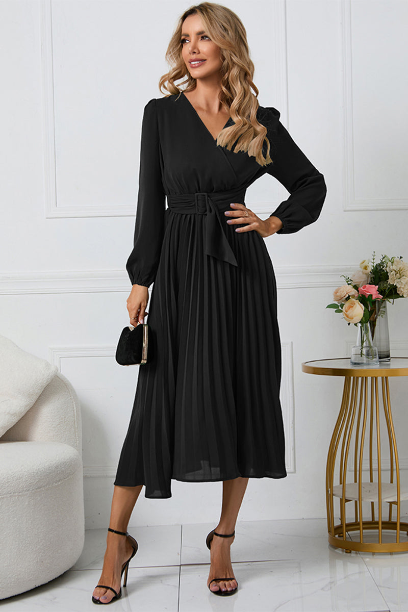 V-Neck Long Sleeve Tie Waist Midi Dress 6903e7e59722457784f4e721dabcdc99-Max Glownestbest