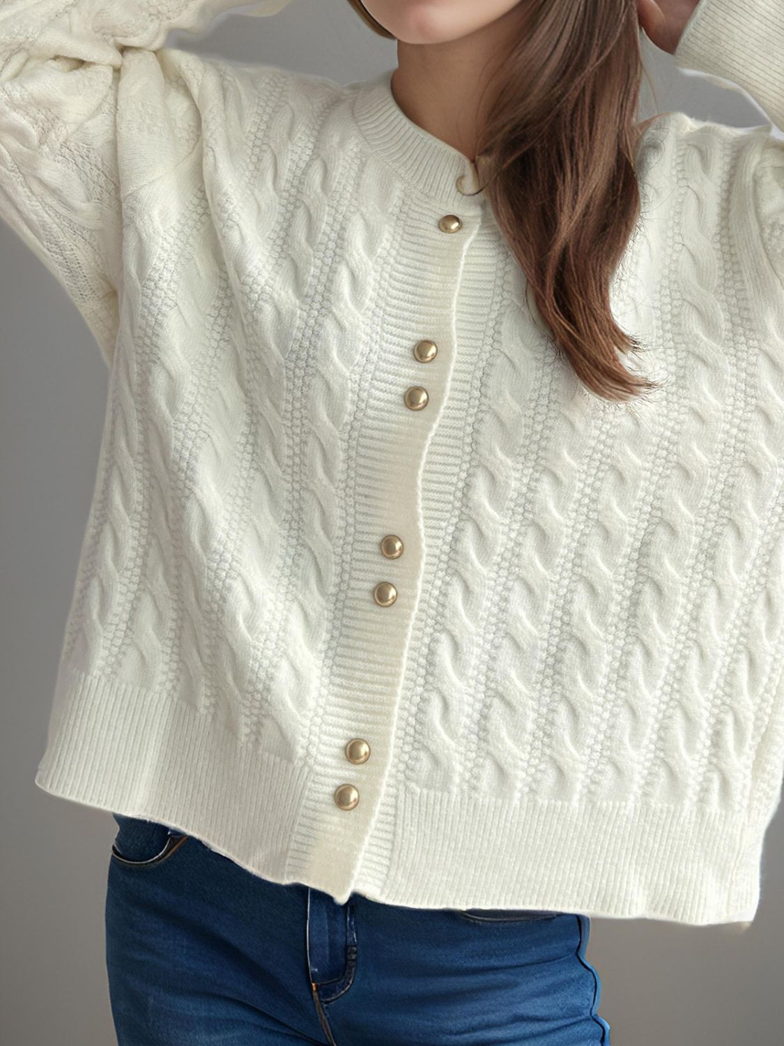 Cable-Knit Round Neck Long Sleeve Cardigan 691e5b34-65c7-4695-8953-cddad8f8592f-Max Glownestbest