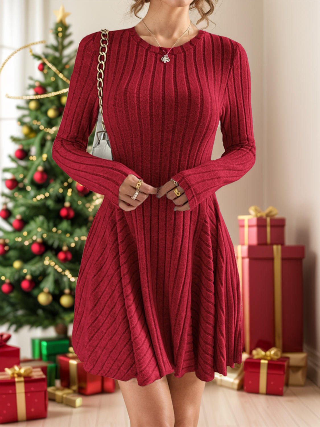Ribbed Round Neck Long Sleeve Dress Deep Red 69b2dd2f-c5a5-4e68-a25c-63bae9f26256-Max Glownestbest