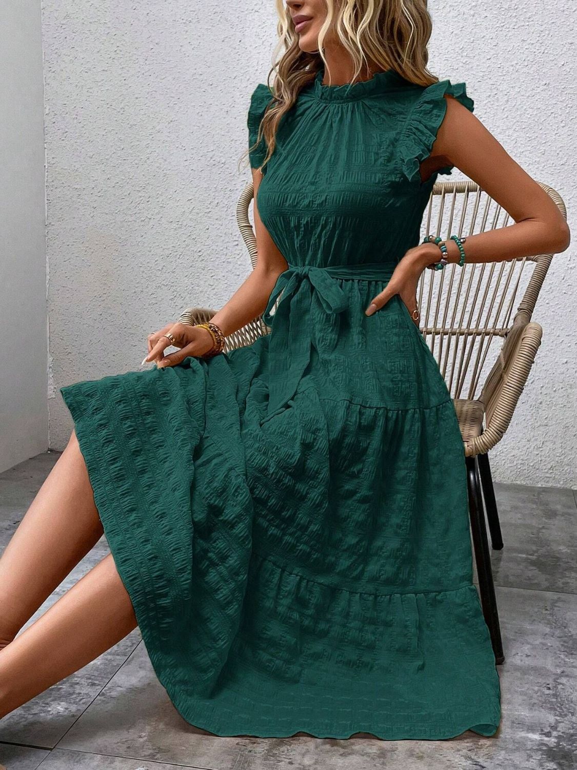 Tied Ruffled Cap Sleeve Midi Dress 6a34ab42-e001-4487-8515-49667eeafe48-Max Trendsi