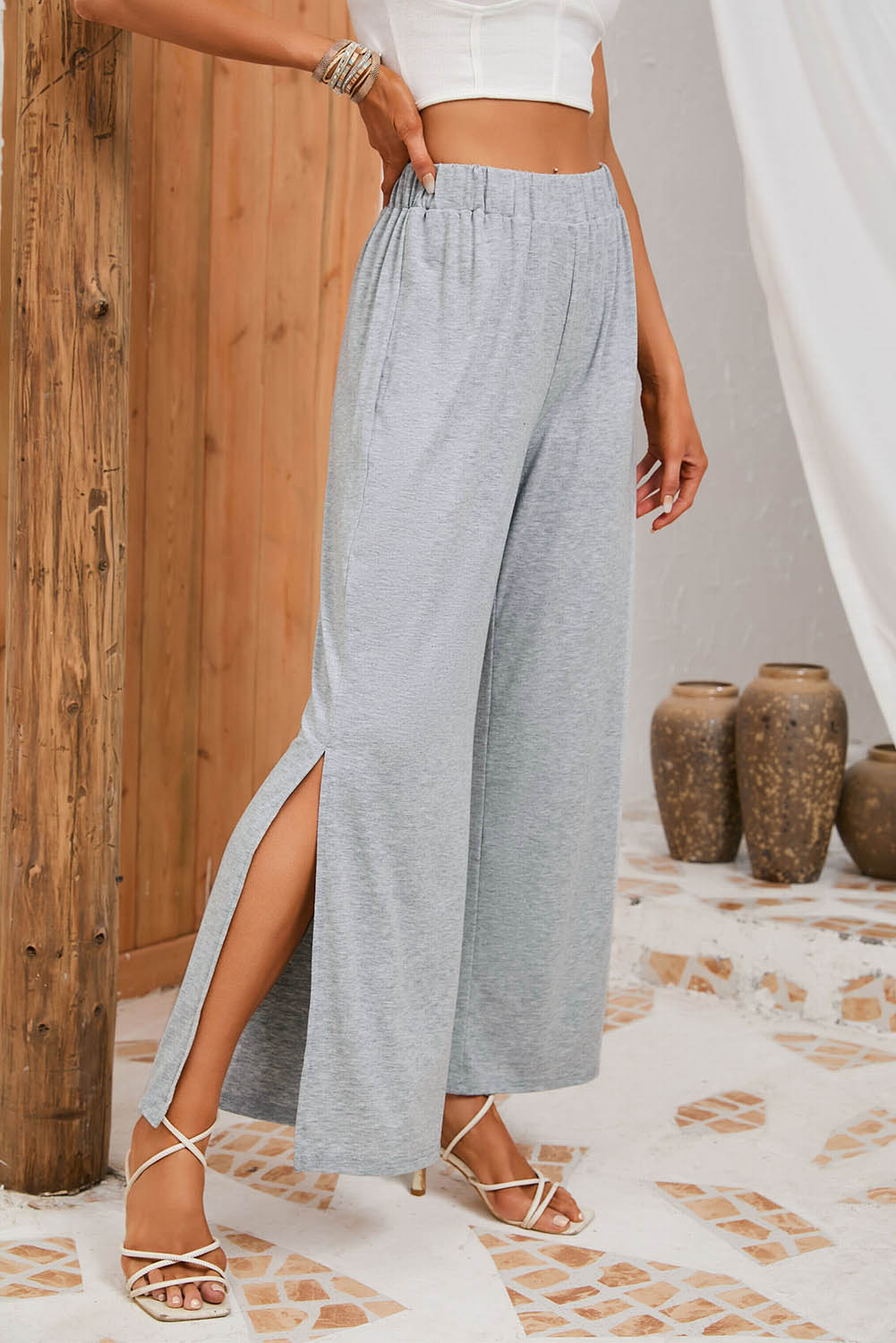 Slit Elastic Waist Pants 6ae9ab0a-d8fe-4b2e-9231-2bb0b63ba25c-Max Trendsi