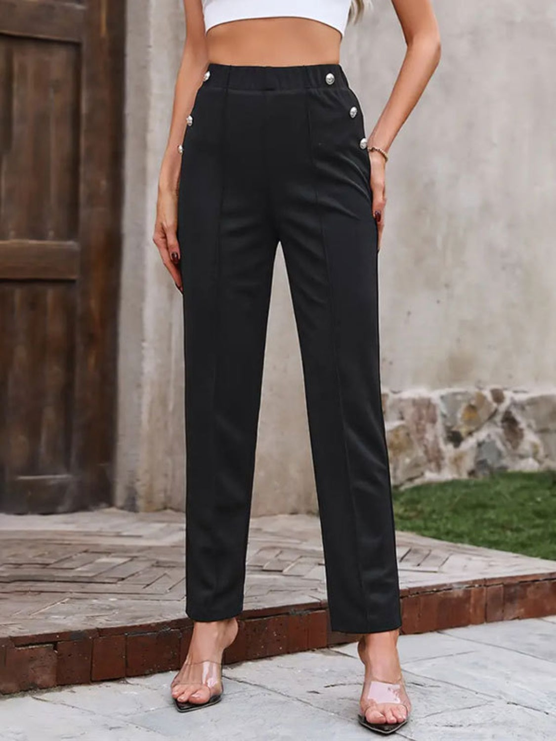 Decorative Button Elastic Waist Pants 6aec5e5a-2cfc-4fac-8d60-0972fc1e3c02-Max Trendsi