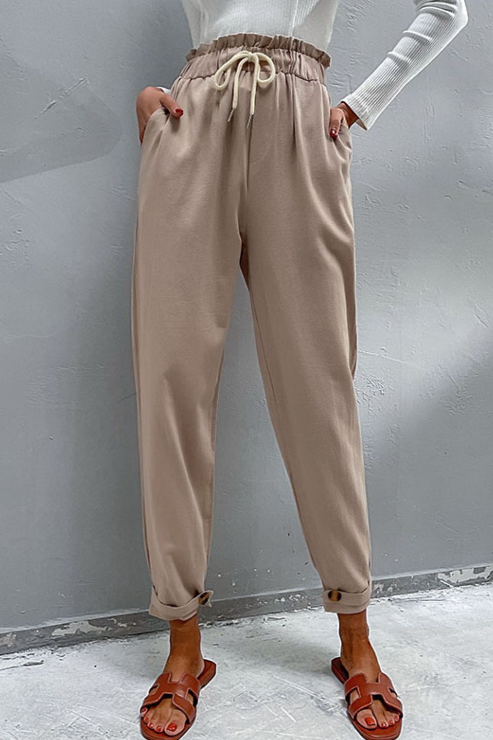 Perfee Drawstring Paperbag Waist Button Detail Pants Khaki 6baa07e0378e489eb2b4551eb18c08e1-Max Trendsi
