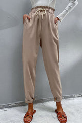 Perfee Drawstring Paperbag Waist Button Detail Pants Khaki 6baa07e0378e489eb2b4551eb18c08e1-Max Trendsi