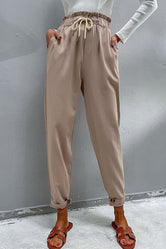 Perfee Drawstring Paperbag Waist Button Detail Pants Khaki 6baa07e0378e489eb2b4551eb18c08e1-Max Trendsi