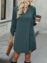 Printed V-Neck Long Sleeve Mini Dress Turquoise 6bd32cf4-6228-4ef0-8b35-1018f2975dc4-Max Glownestbest