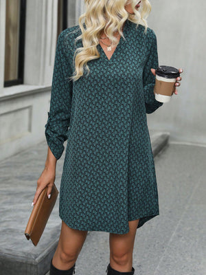 Printed V-Neck Long Sleeve Mini Dress Turquoise 6bd32cf4-6228-4ef0-8b35-1018f2975dc4-Max Glownestbest