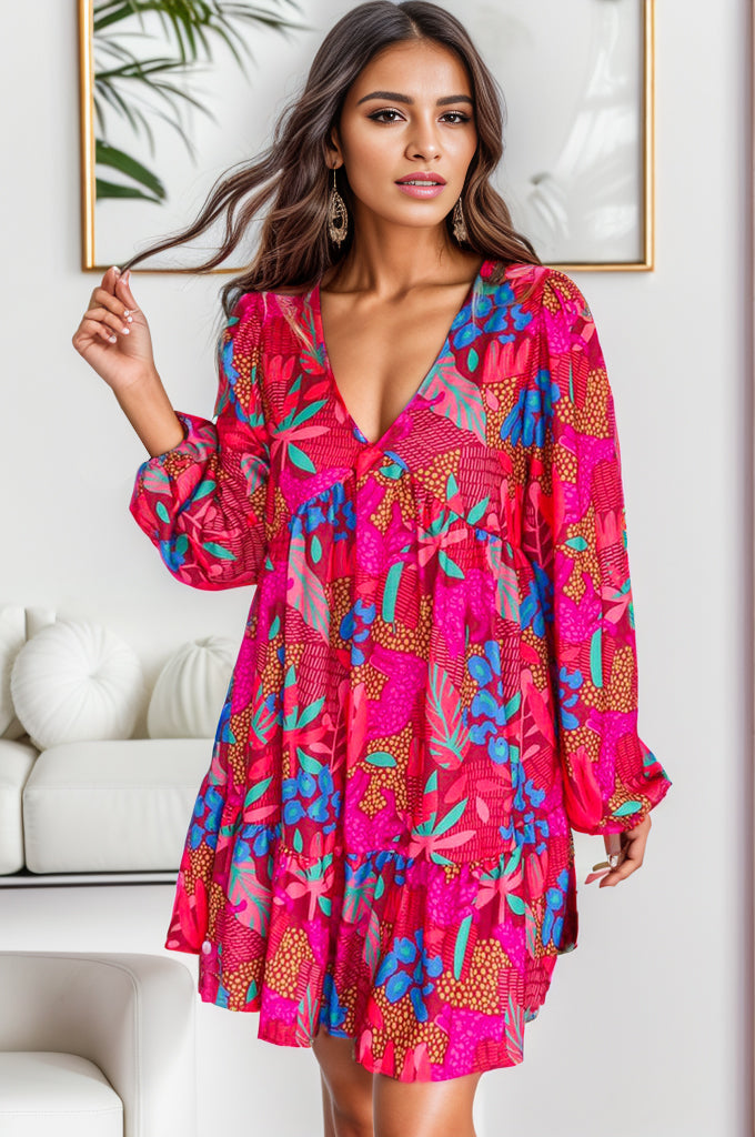 Printed Balloon Sleeve Mini Dress Hot Pink 6c228dac-2399-4732-b3b7-154a57d7c397-Max Glownestbest