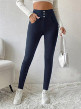 Decorative Button Skinny Pants with Pockets Dark Blue 6c6de7e4-204b-444b-83c0-8a0950da6697-Max Trendsi