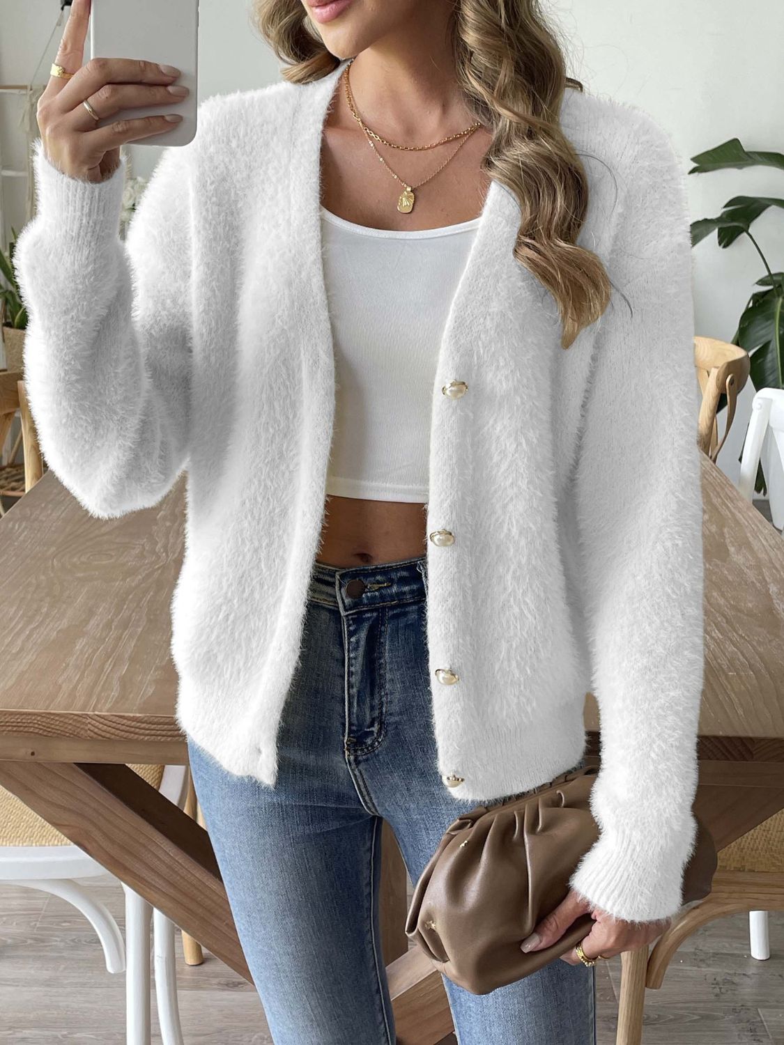 Button Up V-Neck Long Sleeve Cardigan White 6d046f39-8468-42ae-bfc9-4a2471dd6400-Max Glownestbest